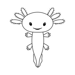 Vector illustration of cute stylized axolotl salamander isolated on white background. Baby axolotl smile. Drawing in outline style for coloring book