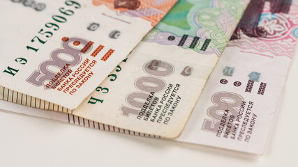 Close-up of banknotes. Five thousand, one thousand, five hundred rubles.