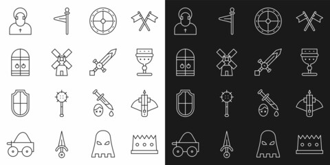 Set line King crown, Battle crossbow with arrow, Medieval goblet, Round wooden shield, Windmill, castle gate, Monk and sword icon. Vector