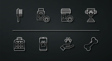 Set line Pets vial medical, carry case, award, Hands with animals footprint, Veterinary clinic, Bag of food, Dog bone and medicine bottle icon. Vector