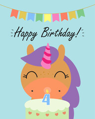 Birthday Party, Greeting Card, Party Invitation. Kids illustration with Cute Magic Unicorn Blowing out Birthday Cake Candle with the number 4. Vector illustration in cartoon style.