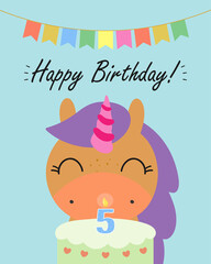 Birthday Party, Greeting Card, Party Invitation. Kids illustration with Cute Magic Unicorn Blowing out Birthday Cake Candle with the number 5. Vector illustration in cartoon style.
