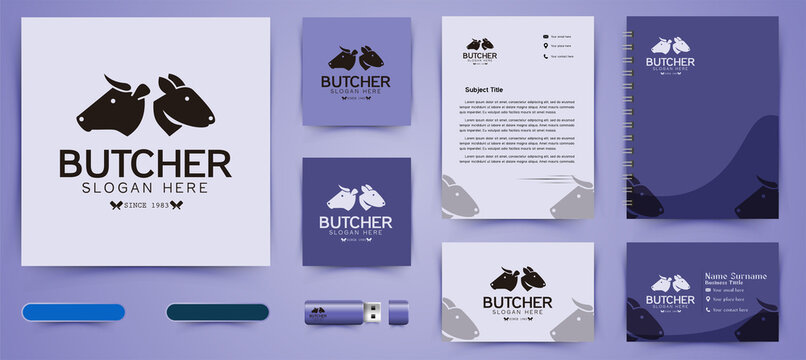 Rabbit, Cow Head, Crossed Knife, Slaughter Logo And Business Branding Template Designs Inspiration Isolated On White Background