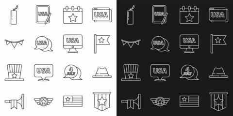 Set line American flag, Man hat with ribbon, Calendar date July 4, USA label, Carnival garland flags, Dynamite bomb and monitor icon. Vector