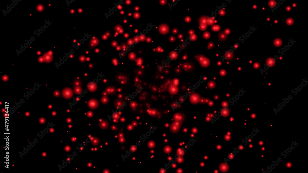 Poster red flying particles on a black background. dark abstract background with red glowing particles a hi