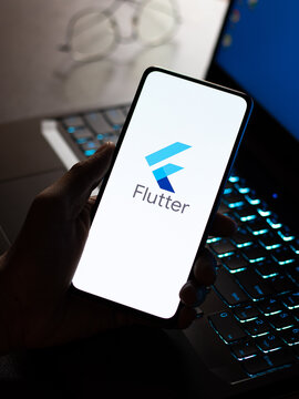 Assam, india - May 29, 2021 : Google Flutter logo on phone screen stock image.