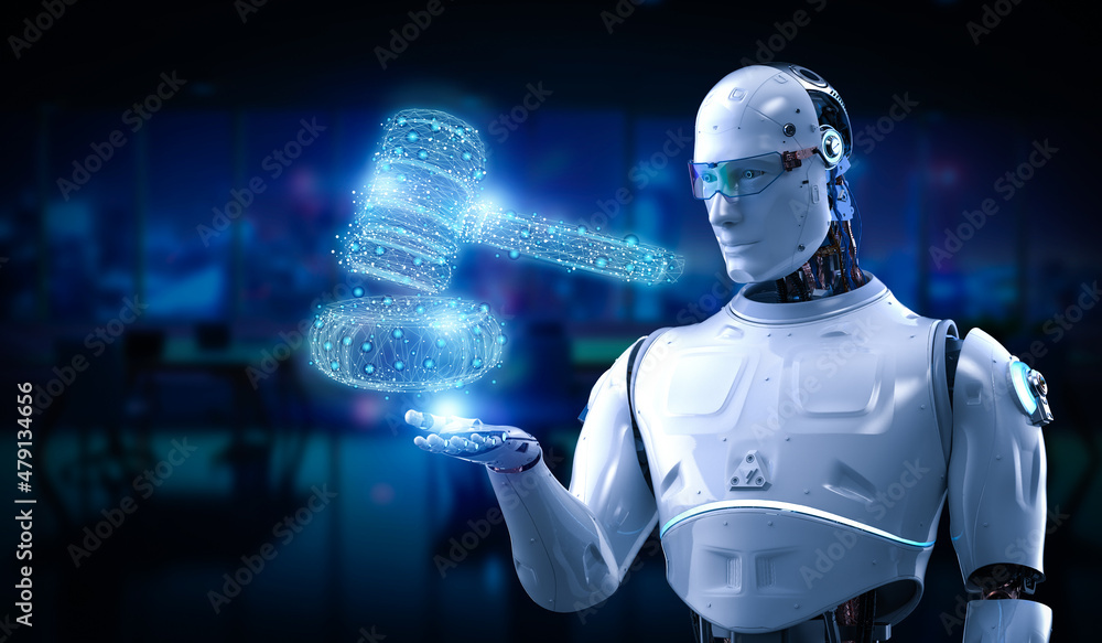 Poster internet law with robot and gavel judge