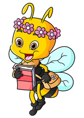 The female bee is holding a book and carrying bag