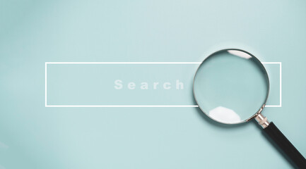 Magnifier glass with search bar icon for SEO or Search Engine Optimisation wording concept. - obrazy, fototapety, plakaty