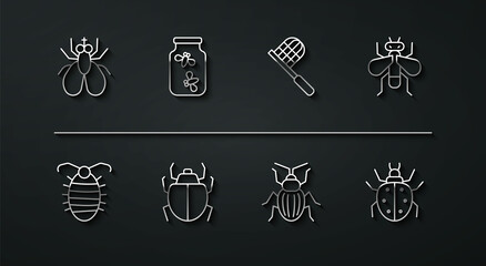 Set line Insect fly, Larva insect, Chafer beetle, Mite, Fireflies bugs jar, and Butterfly net icon. Vector