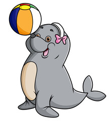 The female seal is playing ball with wearing headphone