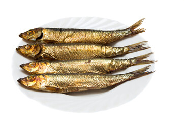 Smoked fish on plate isolated on white background
