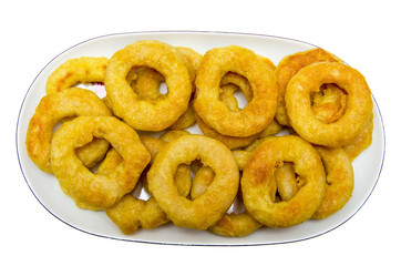 Fried calamari rings on plate isolated on white background