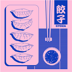 Traditional Japanese dumplings made of thinly rolled dough with meat or vegetable filling. (text translation: Gyoza).
