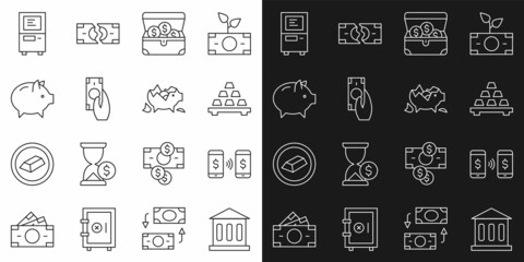Set line Bank building, Money payment transfer, Gold bars, Treasure chest, Fast payments, Piggy bank, ATM and Broken piggy icon. Vector