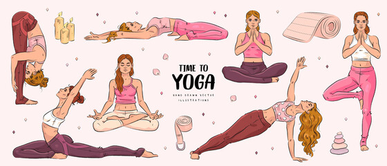 Hand drawn sketch yoga class set. Vector illustration of happy young woman in different poses isolated on background