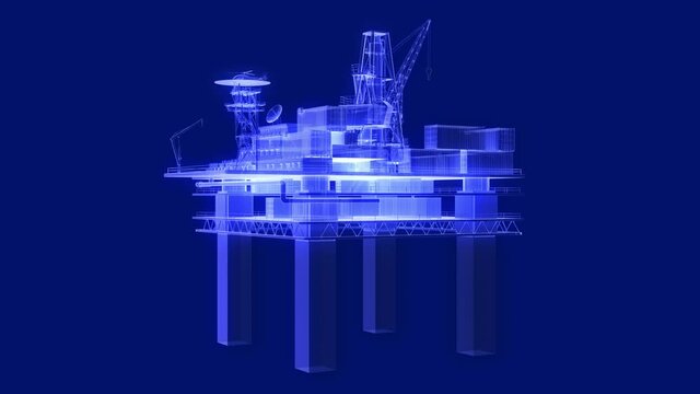 3d animation of a holographic oil drilling platform, rotating and loopable
