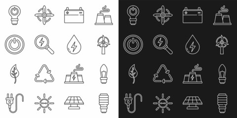 Set line LED light bulb, Light, Wind turbine, Car battery, Lightning bolt, Power button, with lightning and Water energy icon. Vector