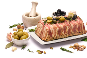 Traditional French terrine covered with bacon isolated on white background
