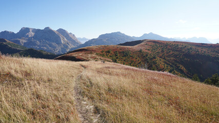 Fototapeta premium Warm summer day in the Prokletije national park within the Dinaric Alps Mountain Range on the Peaks of the Balkans Trail near Plav, Montenegro.
