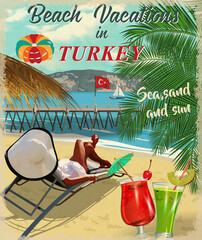 Turkey vector poster with  beautiful girl relaxing on beach.