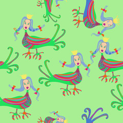 Seamless design fabulous bird Sirin. Hand drawn.