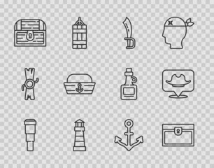 Set line Spyglass telescope lens, Antique treasure chest, Pirate sword, Lighthouse, Sailor hat, Anchor and Location pirate icon. Vector