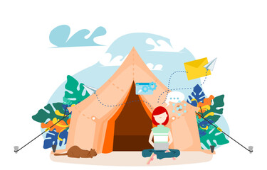Obraz premium Freelance working outdoors while camping. Freelance career concept and flexibility to work to be happy.