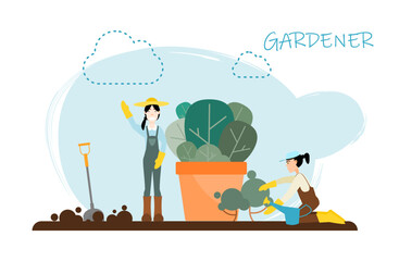  Gardener. Woman arranging and caring for plants. Illustration of flat design