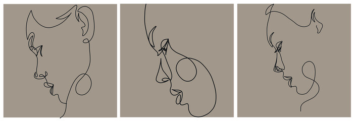 One line woman portrait. Hand drawn abstract face.  Minimal art. Trendy style. 