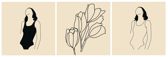 Set templates with line drawings of flower bud, woman body in black swimsuit or lingerie. Hand drawn minimalism art. 