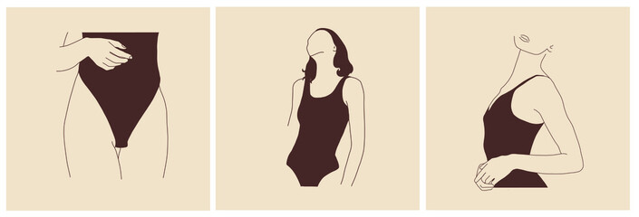 Collection woman in swimsuit or underwear. Vector design to advertise clothing brand, highlights, web design, promotion. Minimalistic hand drawn linear art. Beauty and fashion. 