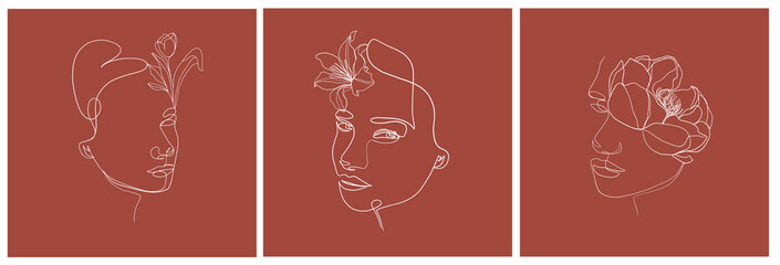 Obraz na płótnie Canvas Set templates One line woman portrait with flower. Hand drawn abstract face. Minimal art. Trendy style. 