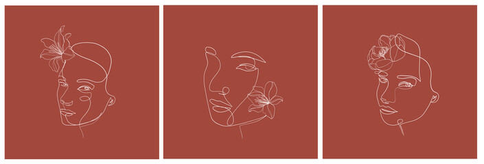 Set templates One line woman portrait with flower. Hand drawn abstract face.  Minimal art. Trendy style. 