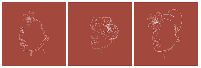 Set templates One line woman portrait with flower. Hand drawn abstract face.  Minimal art. Trendy style. 