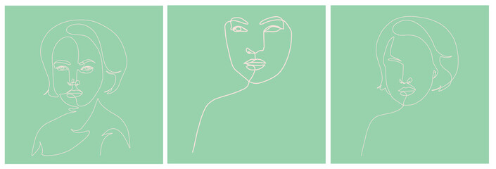 One line woman portrait. Hand drawn abstract face.  Minimal art. Trendy style. 