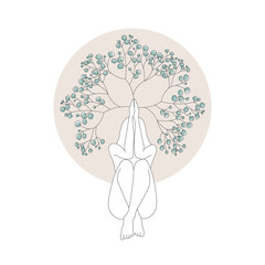 Meditation woman silhouette with gypsophila flower pattern.