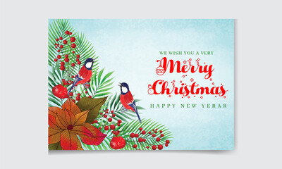 Christmas watercolor floral greeting card with holly leaves, flower, geometric and birds, fine cone. Editable vector illustration for wedding invitation card, flyer and website banner