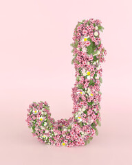 Creative letter J concept made of fresh Spring wedding flowers. Flower font concept on pastel pink background..