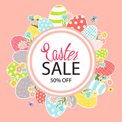 Easter discount banner. Vector poster with a picture of hare and colorful eggs. Easter design with inscription. Flat style.