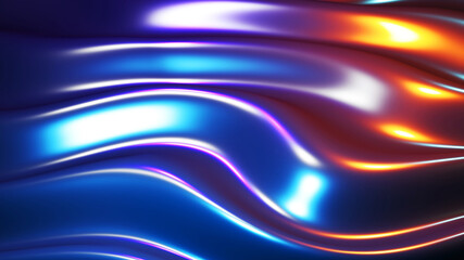 Striped neon lights waves background, abstract purple blue liquid metal wavy design, 3D render illustration.