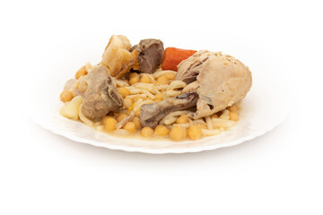 The best Spanish stew. Andalusian Puchero: Spanish chickpea stew. Most famous traditional dish in Andalusia, Spain. Isolated on white background.