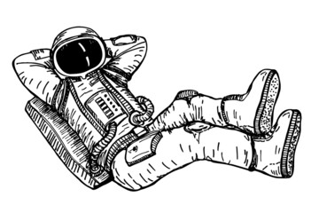 Hand drawn Astronaut with black glass on the helmet isolated on white background. Sketch Design illustration.