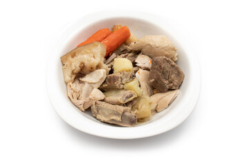 The best Spanish stew. Andalusian Puchero: Spanish chickpea stew. Most famous traditional dish in Andalusia, Spain. Isolated on white background.