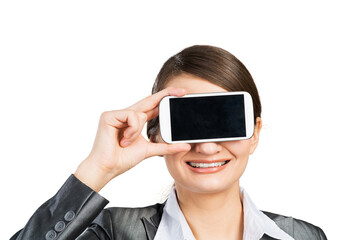 Woman covering her eyes with smartphone