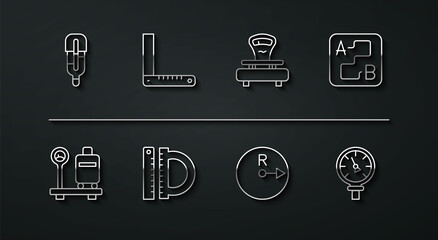 Set line Medical thermometer, Scale with suitcase, Route location, Radius, Protractor and ruler, Corner, Pressure water and Scales icon. Vector