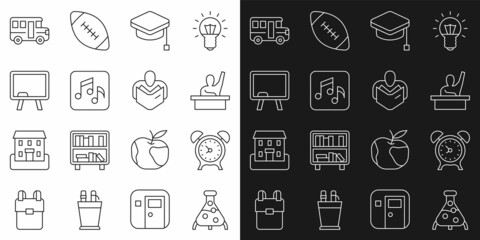 Set line Test tube and flask, Alarm clock, Male kid raising hand, Graduation cap, Music note, tone, Chalkboard, School Bus and Man reading book icon. Vector