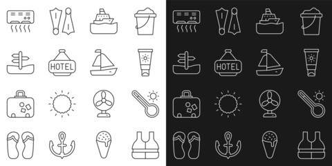 Set line Life jacket, Meteorology thermometer, Sunscreen cream in tube, Cruise ship, Signboard with text Hotel, Road traffic sign, Air conditioner and Yacht sailboat icon. Vector