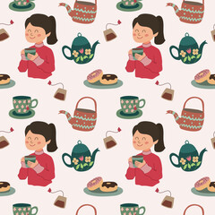 tea time seamless pattern with girl drinking a cup of tea