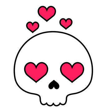 Skull with heart shaped eyes on white background. Valentine s Day greeting card. Skull and pink hearts. Vector illustration
